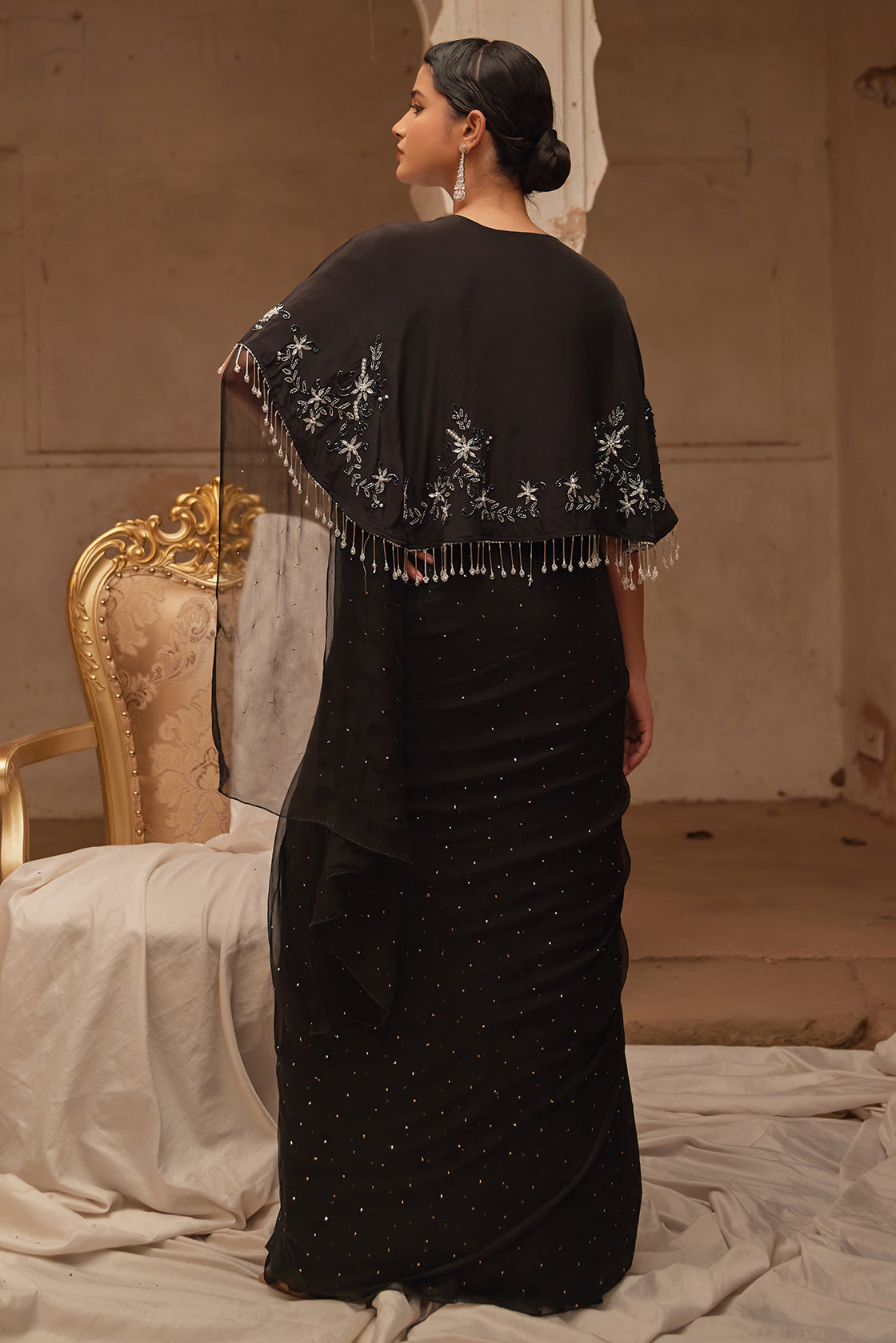 Black Mukaish Saree With Embroidered Silk Cape