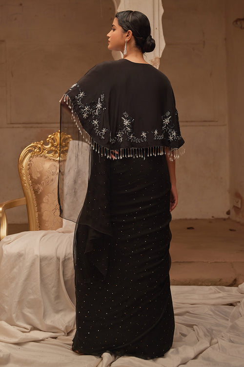 Black Mukaish Saree With Embroidered Silk Cape