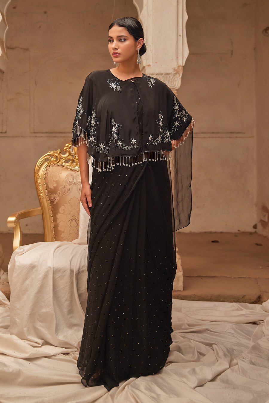 Black Mukaish Saree With Embroidered Silk Cape