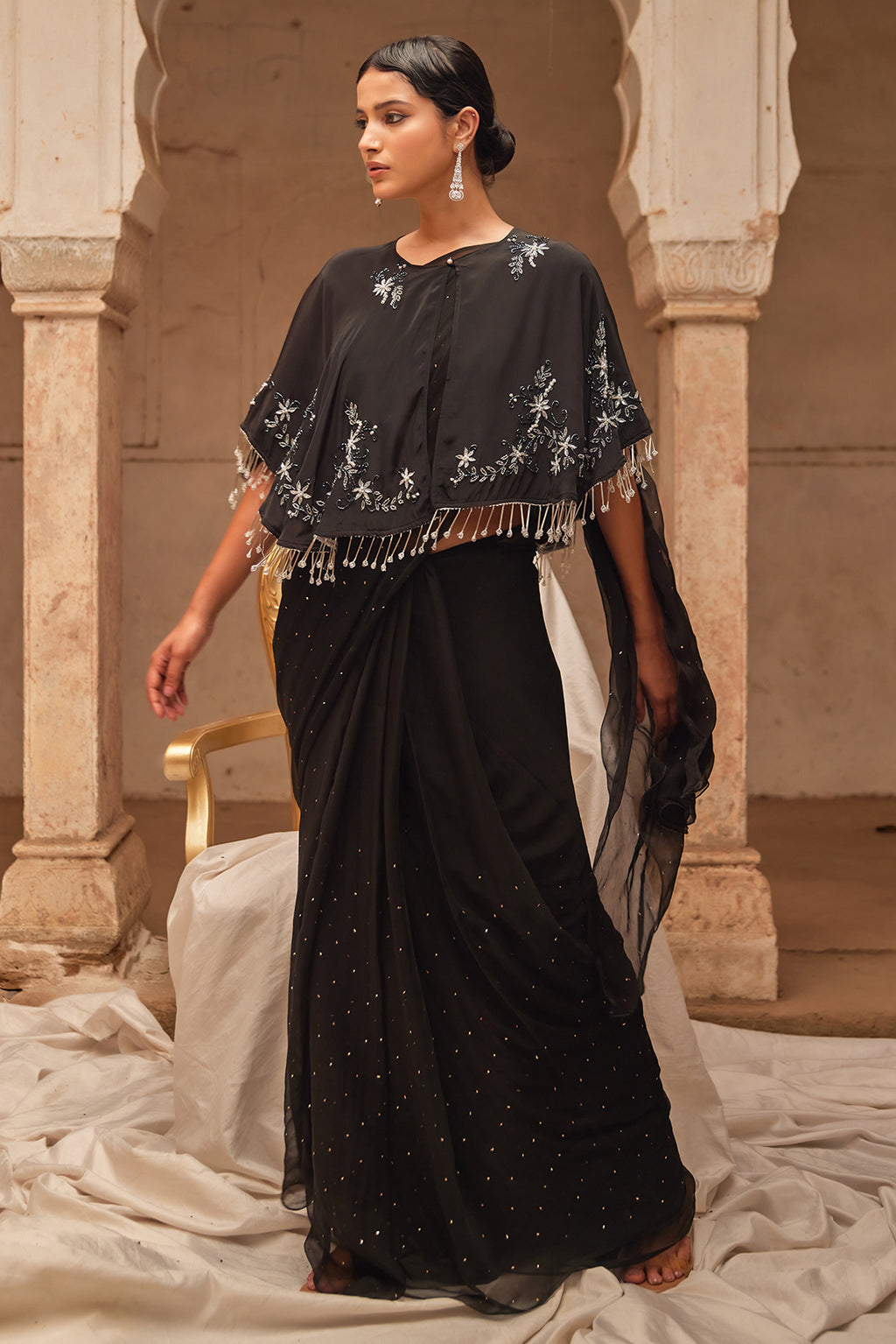Black Mukaish Saree With Embroidered Silk Cape