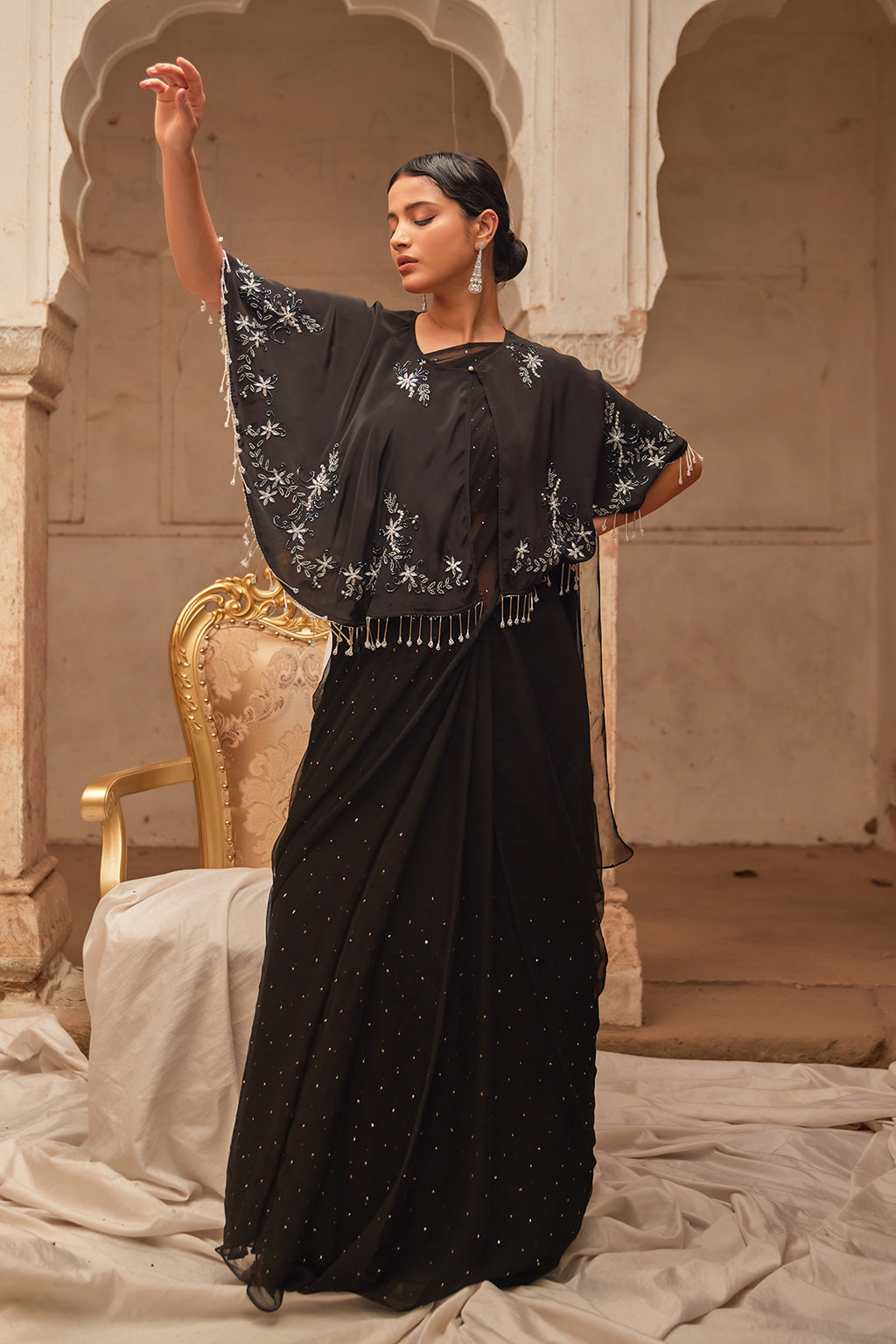 Black Mukaish Saree With Embroidered Silk Cape