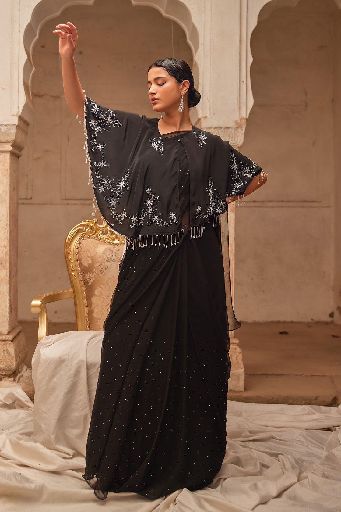 Black Mukaish Saree With Embroidered Silk Cape