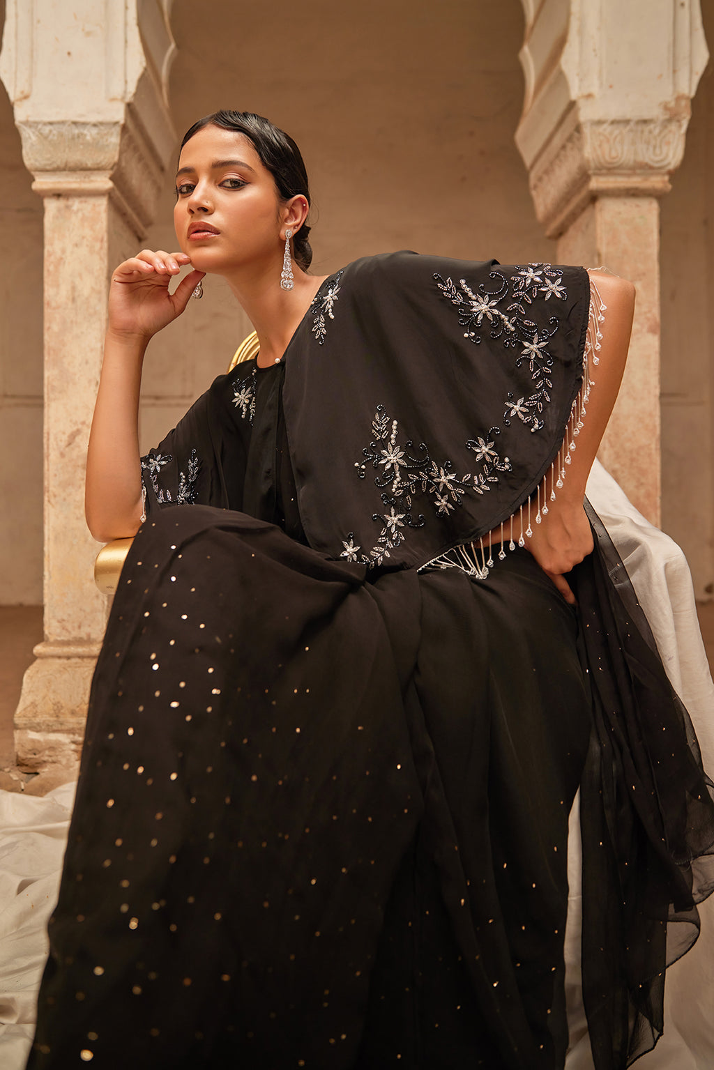 Black Mukaish Saree With Embroidered Silk Cape