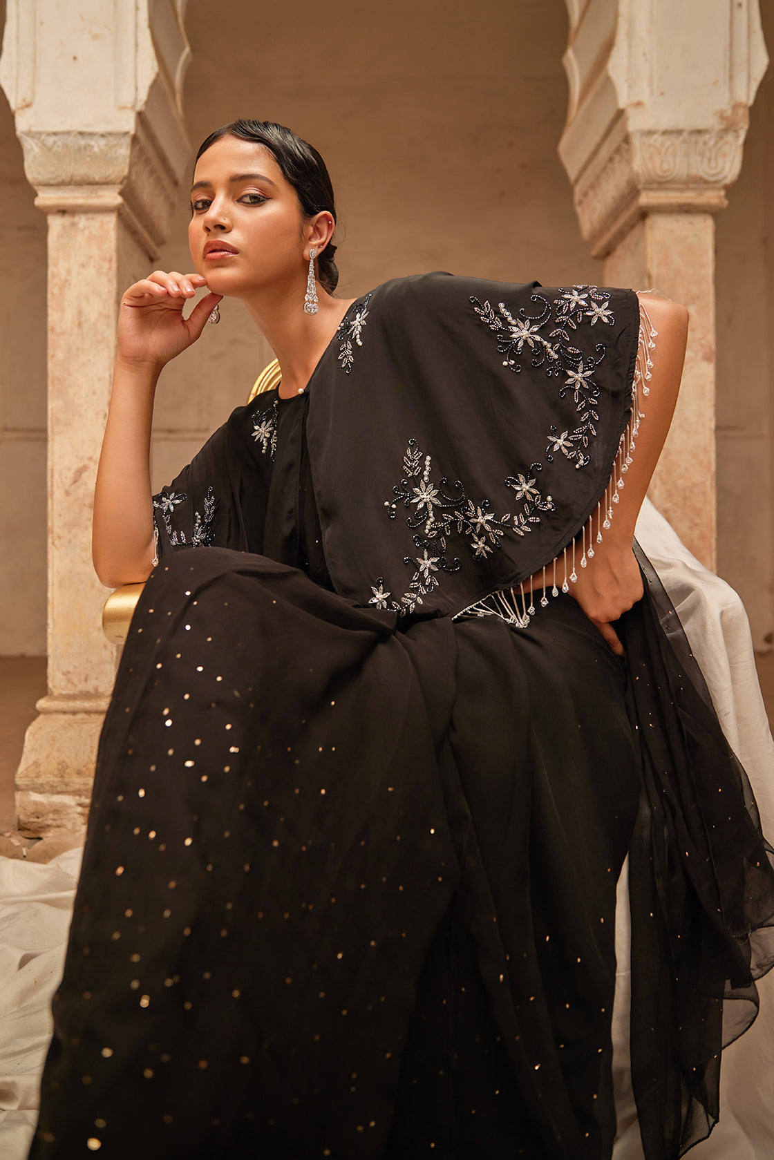 Black Mukaish Saree With Embroidered Silk Cape
