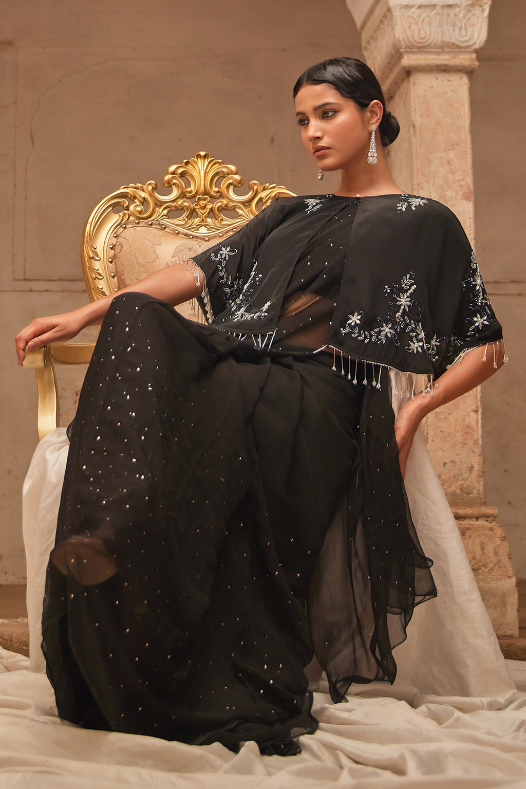 Black Mukaish Saree With Embroidered Silk Cape