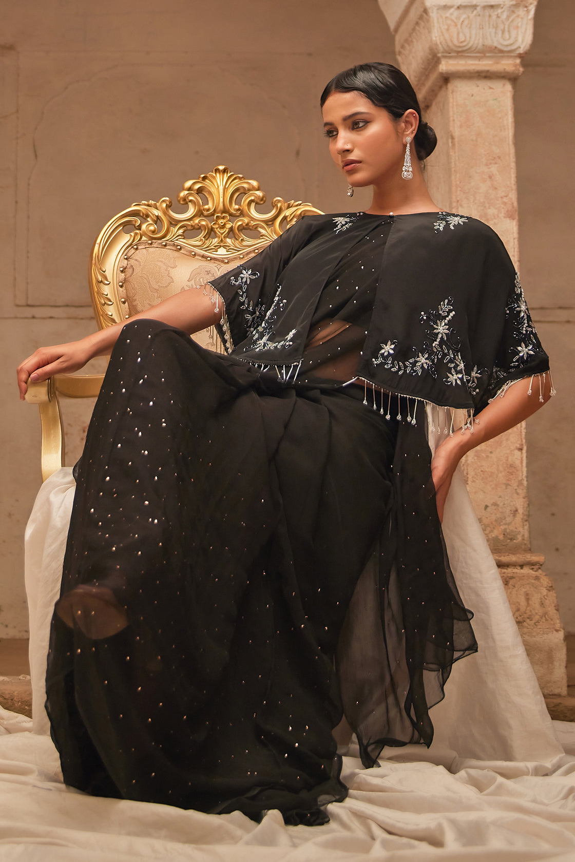 Black Mukaish Saree With Embroidered Silk Cape