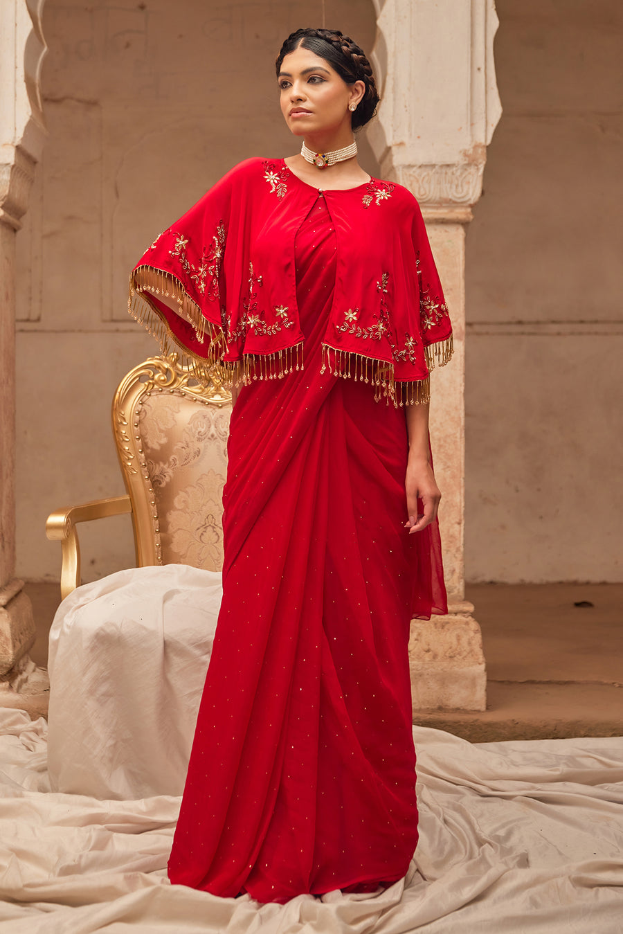 Red Mukaish Saree Set With Embroidered Silk Cape