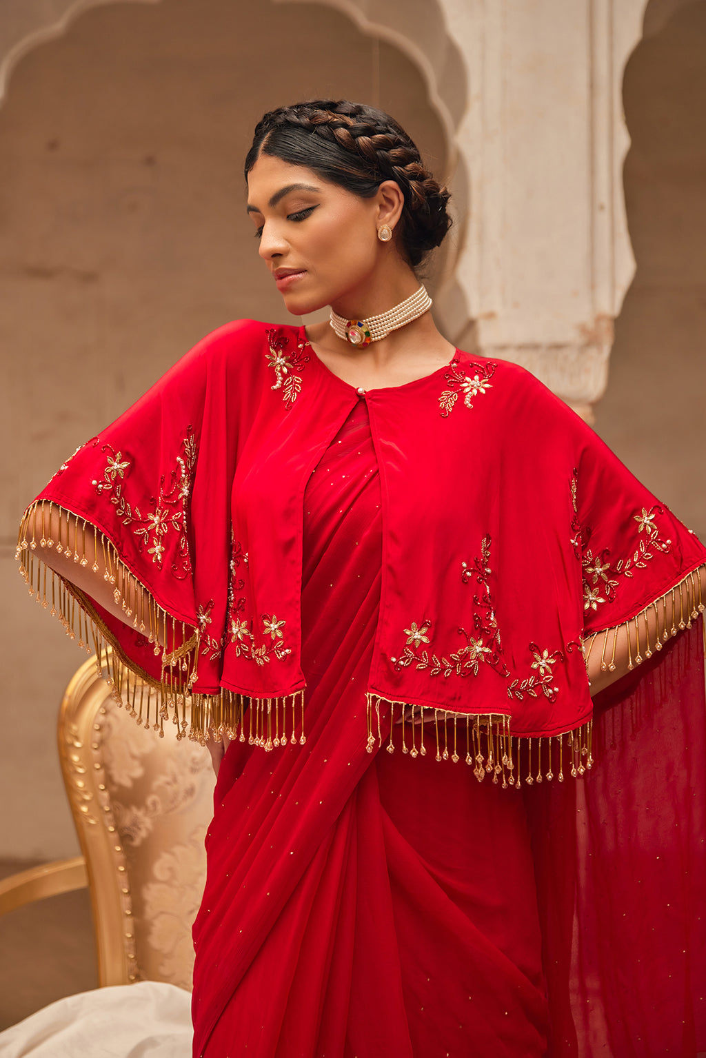 Red Mukaish Saree Set With Embroidered Silk Cape