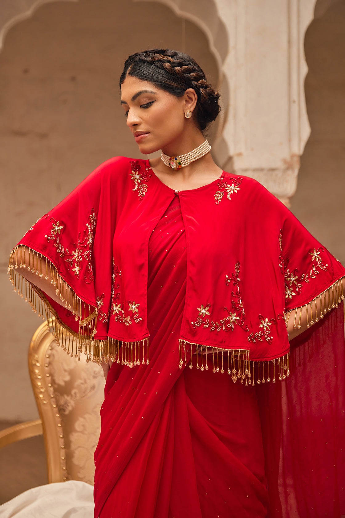 Red Mukaish Saree Set With Embroidered Silk Cape