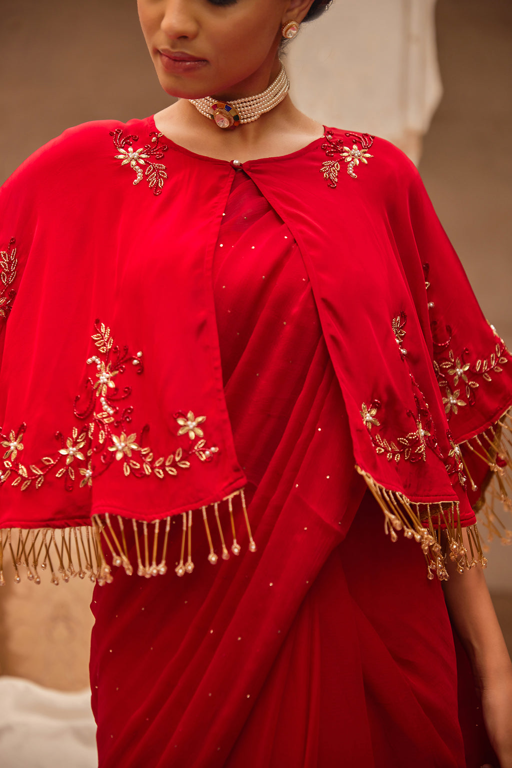 Red Mukaish Saree Set With Embroidered Silk Cape