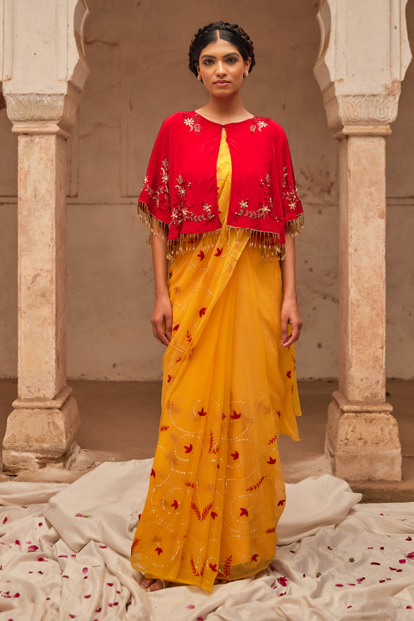 Yellow Hand Embroidered  Chiffon Saree Set with Red Embroidered Cape