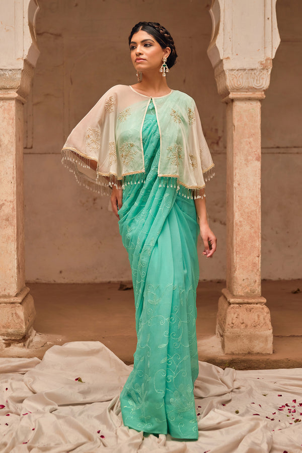 Aqua Hand Embroidered Pure Chiffon Saree Set with Off White Cape