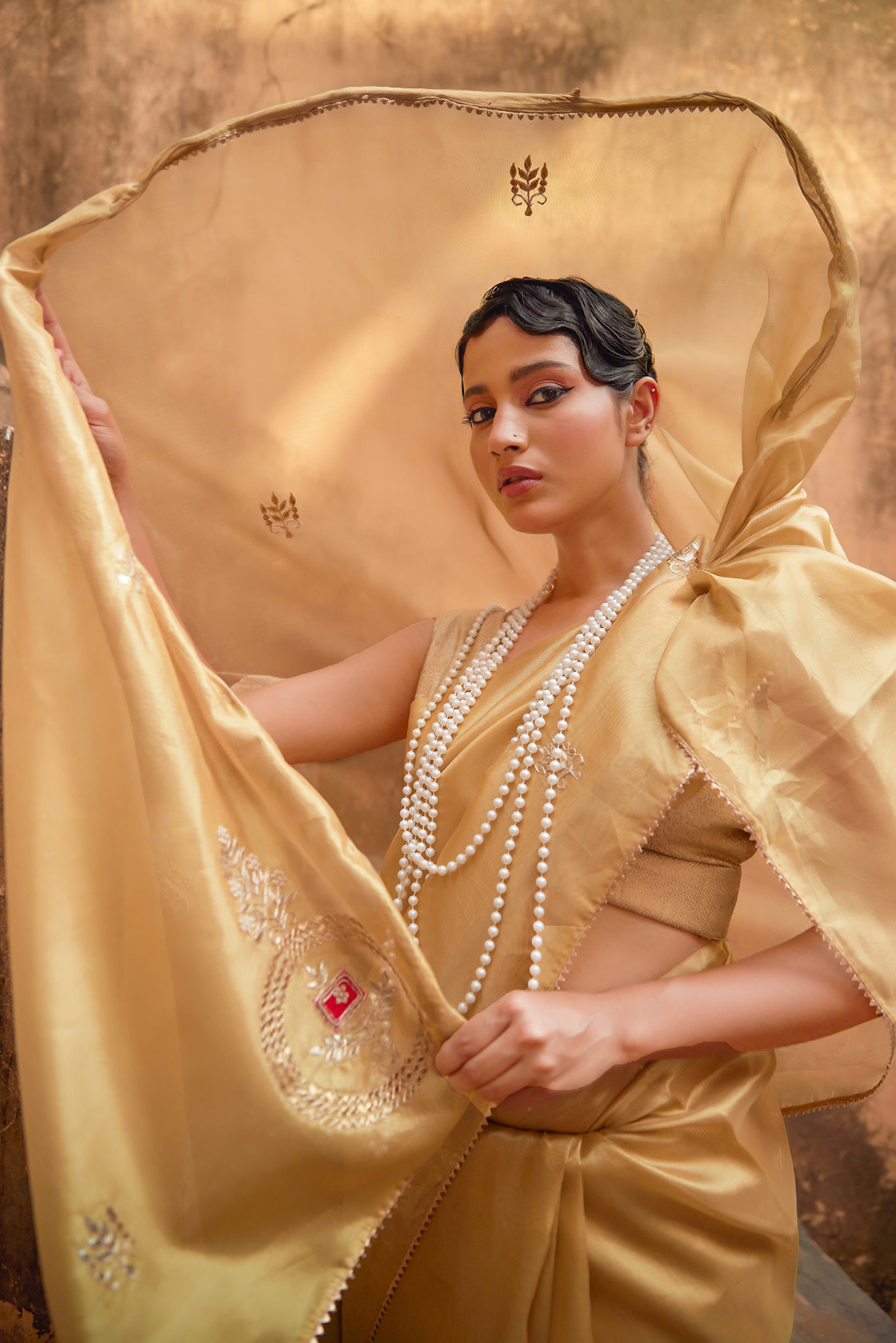 Golden Tissue Saree With Gota Patti Work