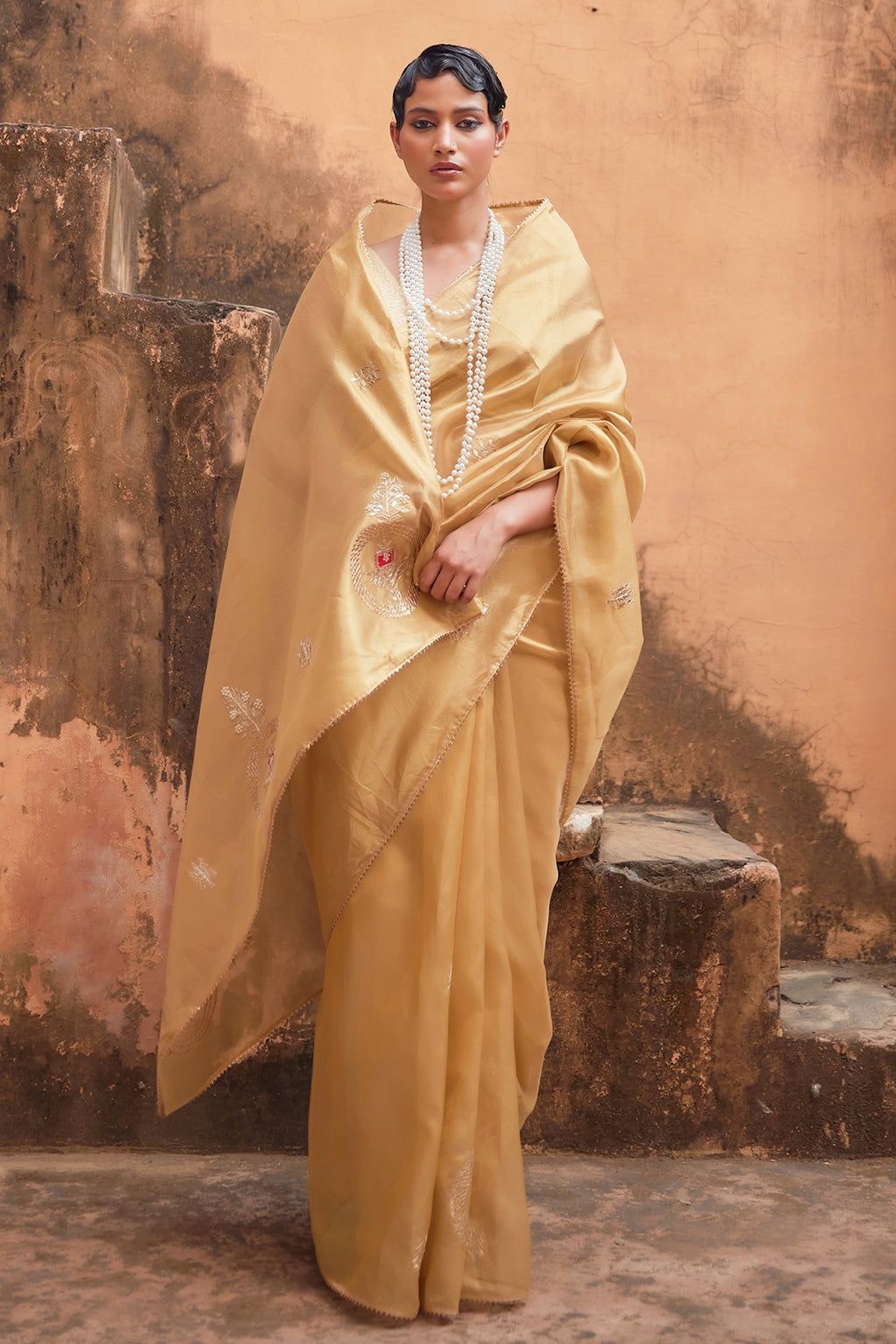 Golden Tissue Saree With Gota Patti Work