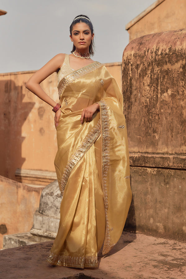 Golden Tissue Saree with Gota Patti and Pearl Work