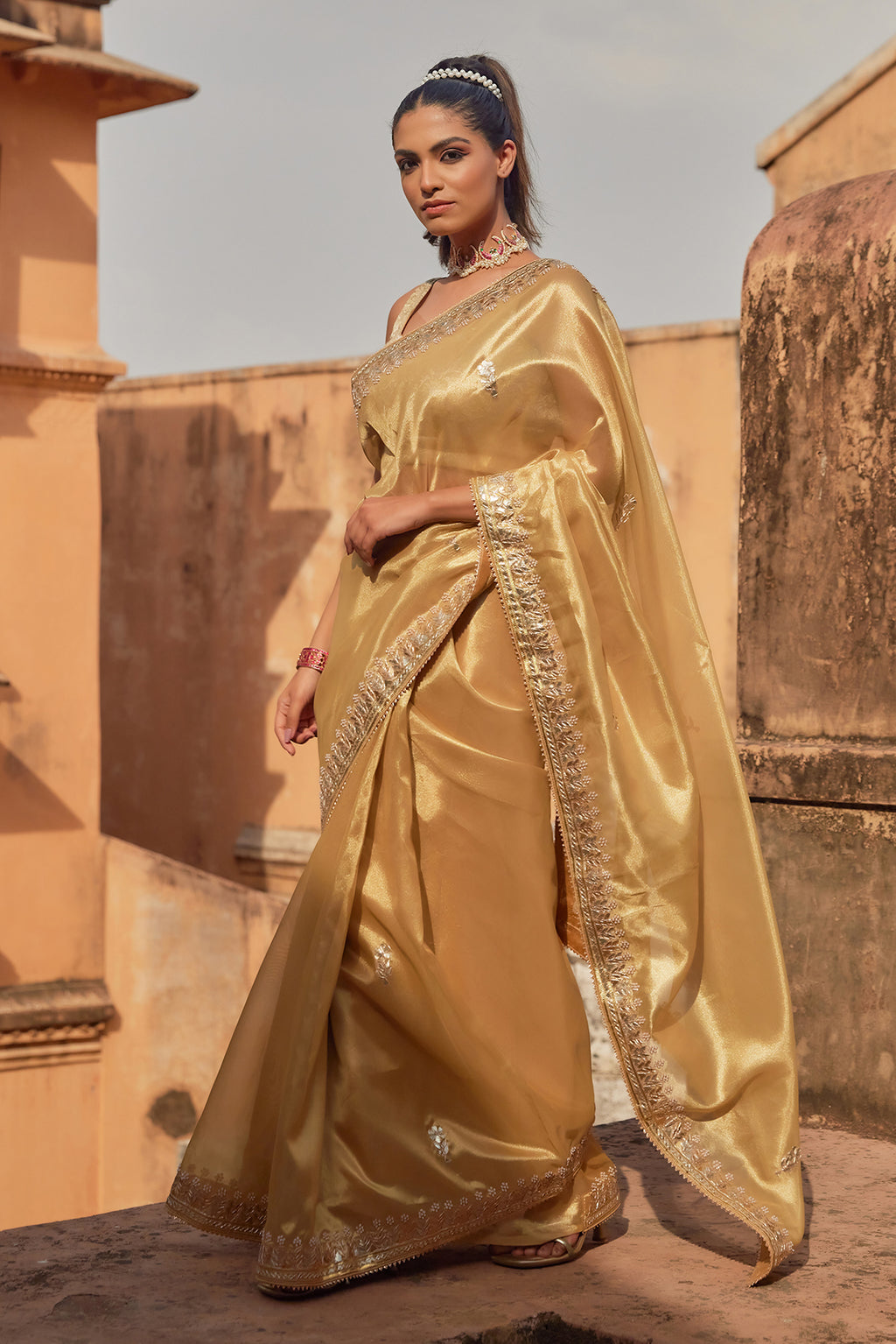 Gold Gota Patti Work Lace Border Tissue Saree