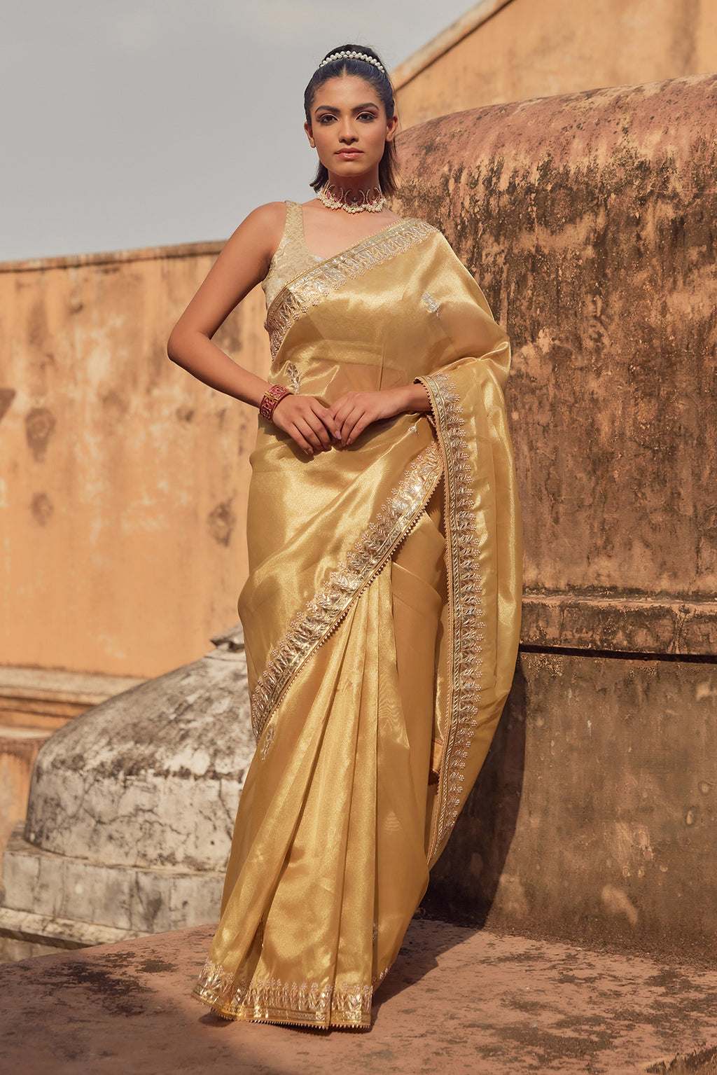 Gold Gota Patti Work Lace Border Tissue Saree