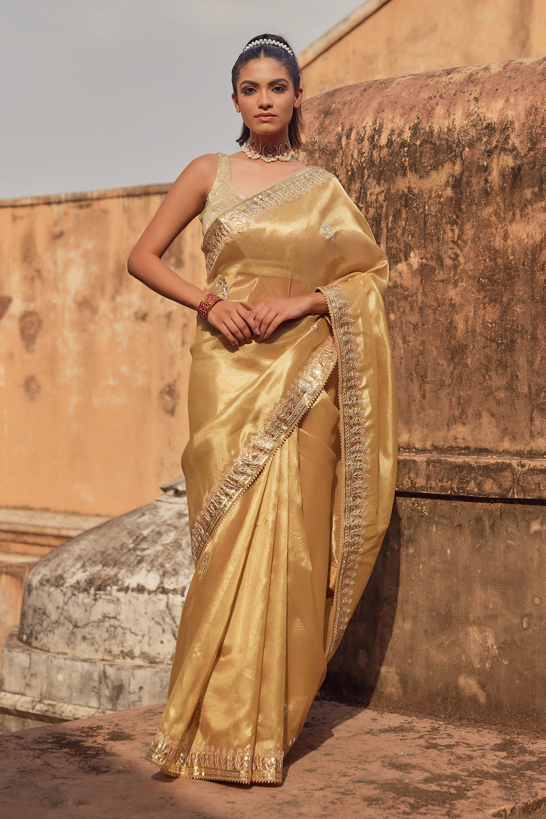 Gold Gota Patti Work Lace Border Tissue Saree