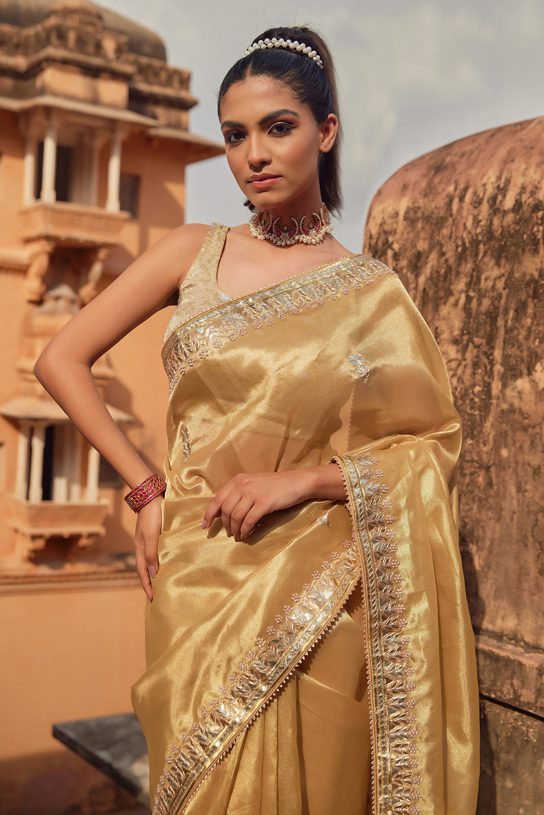 Gold Gota Patti Work Lace Border Tissue Saree