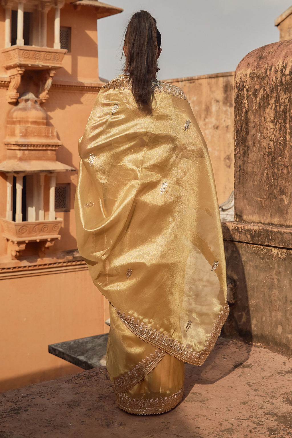 Gold Gota Patti Work Lace Border Tissue Saree