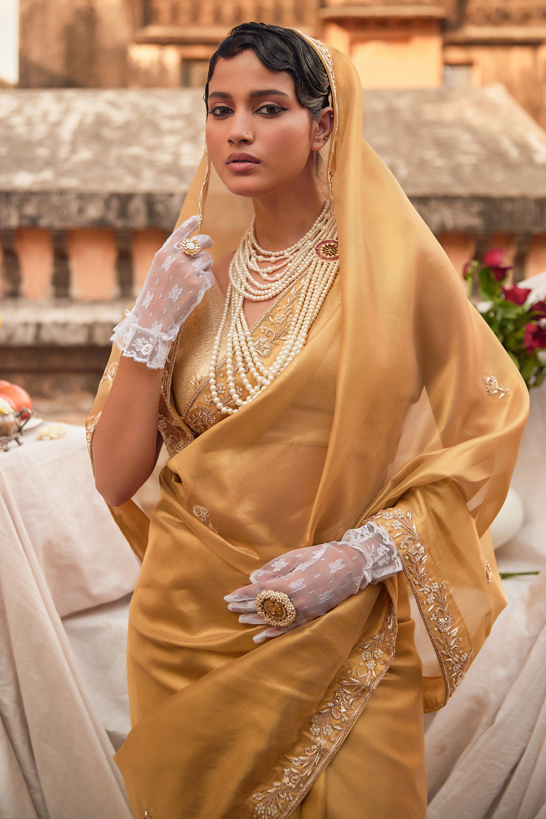 Golden Handwoven Tissue Saree Adorned With Zardozi Embroidery