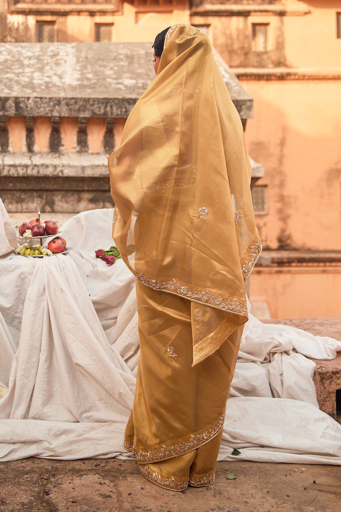 Golden Handwoven Tissue Saree Adorned With Zardozi Embroidery
