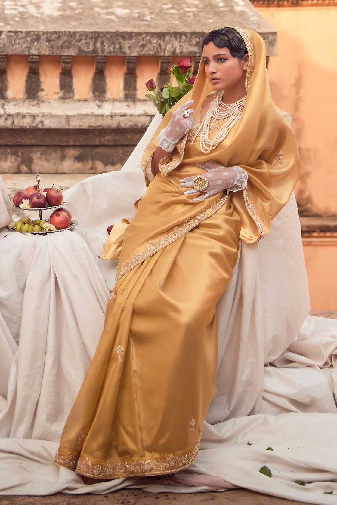 Golden Handwoven Tissue Saree Adorned With Zardozi Embroidery