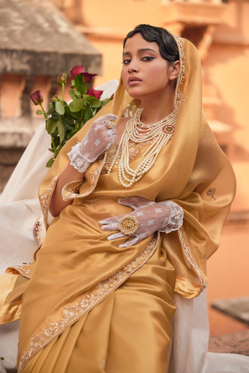 Golden Handwoven Tissue Saree Adorned With Zardozi Embroidery