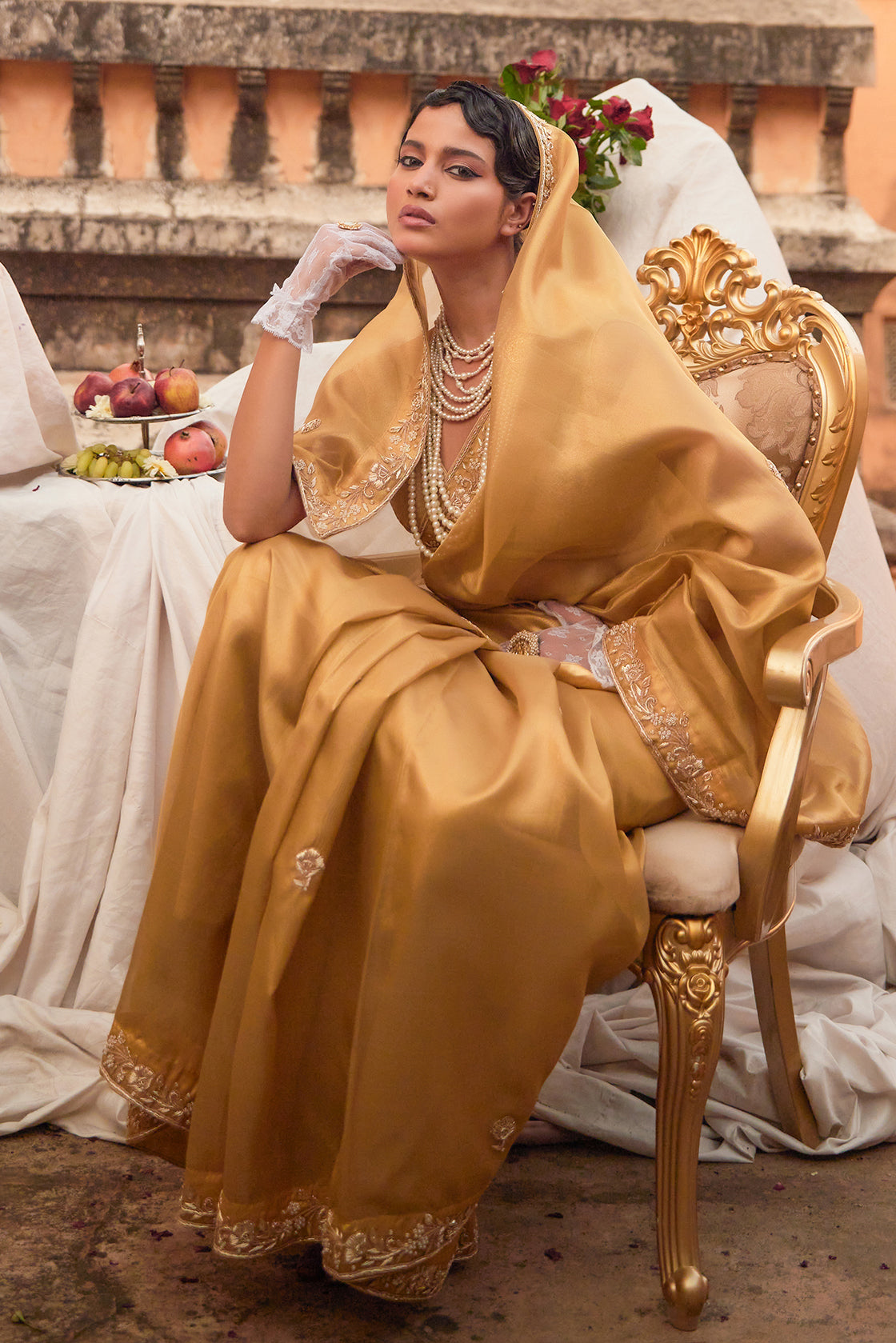 Golden Handwoven Tissue Saree Adorned With Zardozi Embroidery