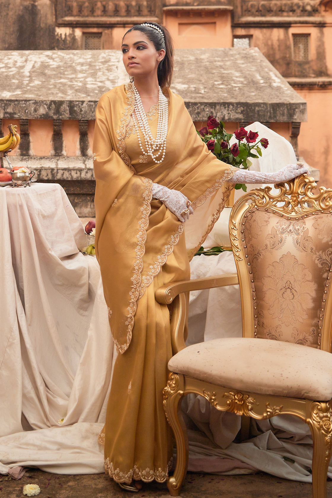 Gold Pure Tissue Saree With Handcrafted Zardozi Work