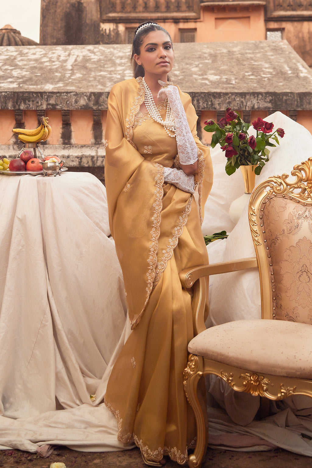 Gold Pure Tissue Saree With Handcrafted Zardozi Work