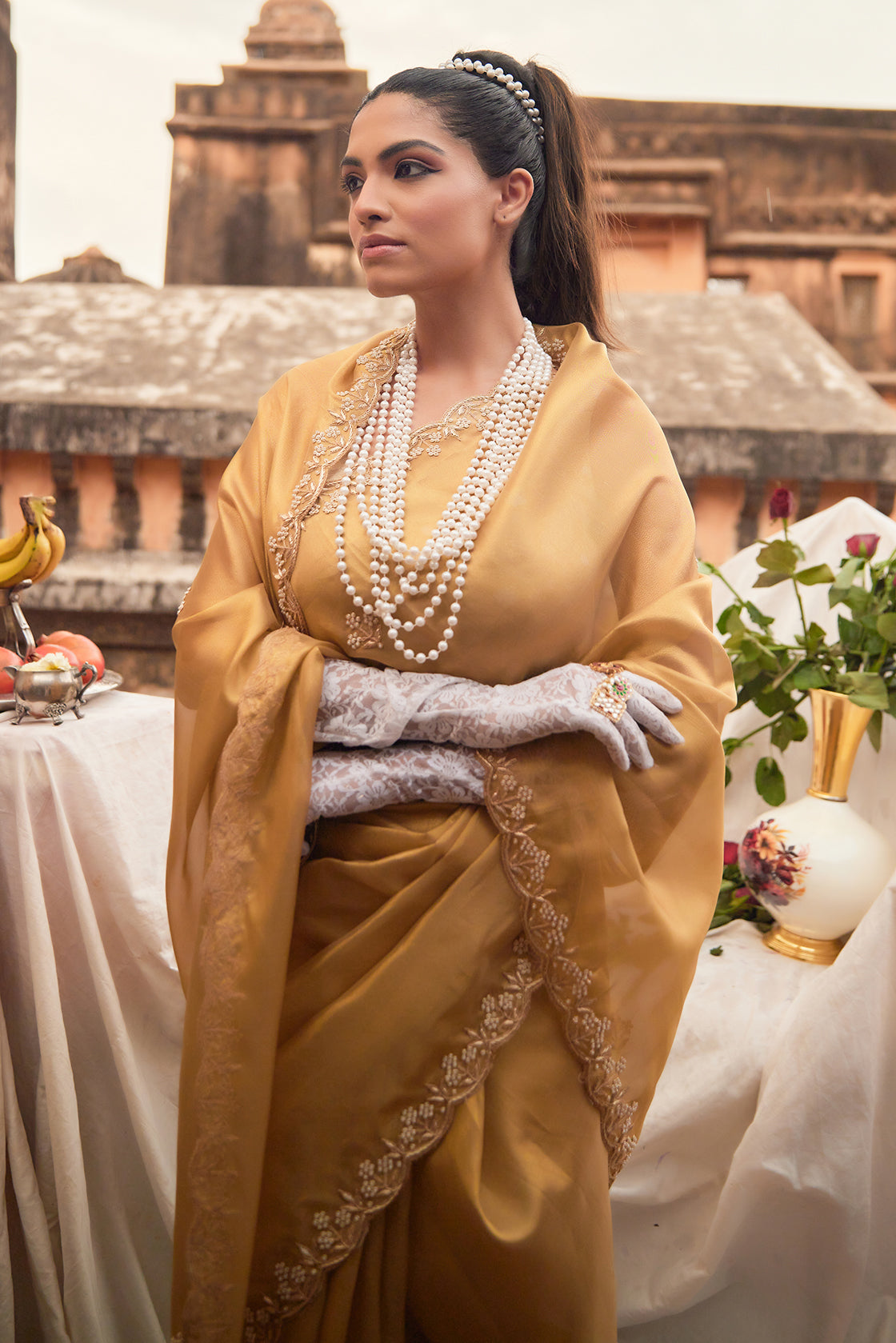 Gold Pure Tissue Saree With Handcrafted Zardozi Work