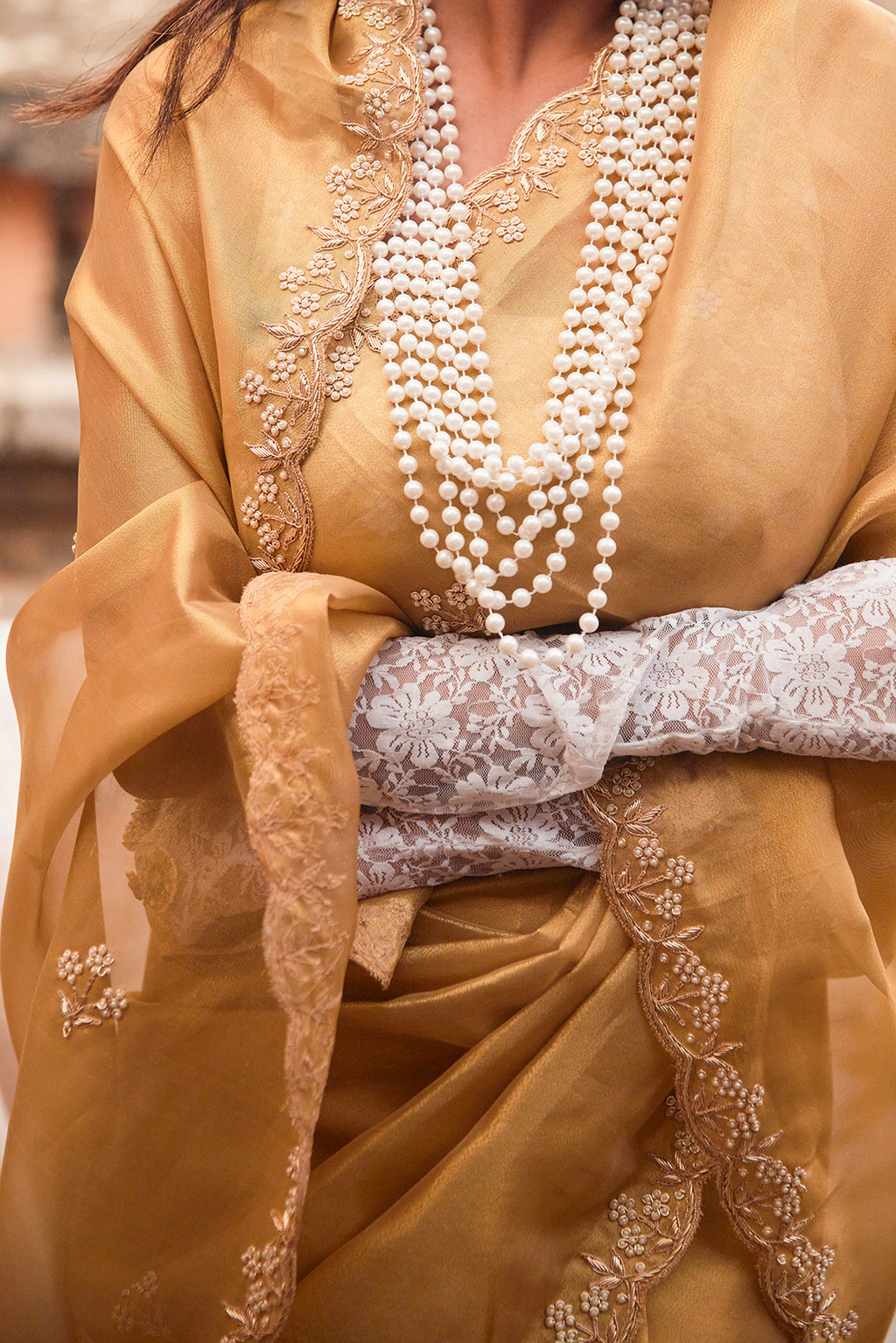Gold Pure Tissue Saree With Handcrafted Zardozi Work