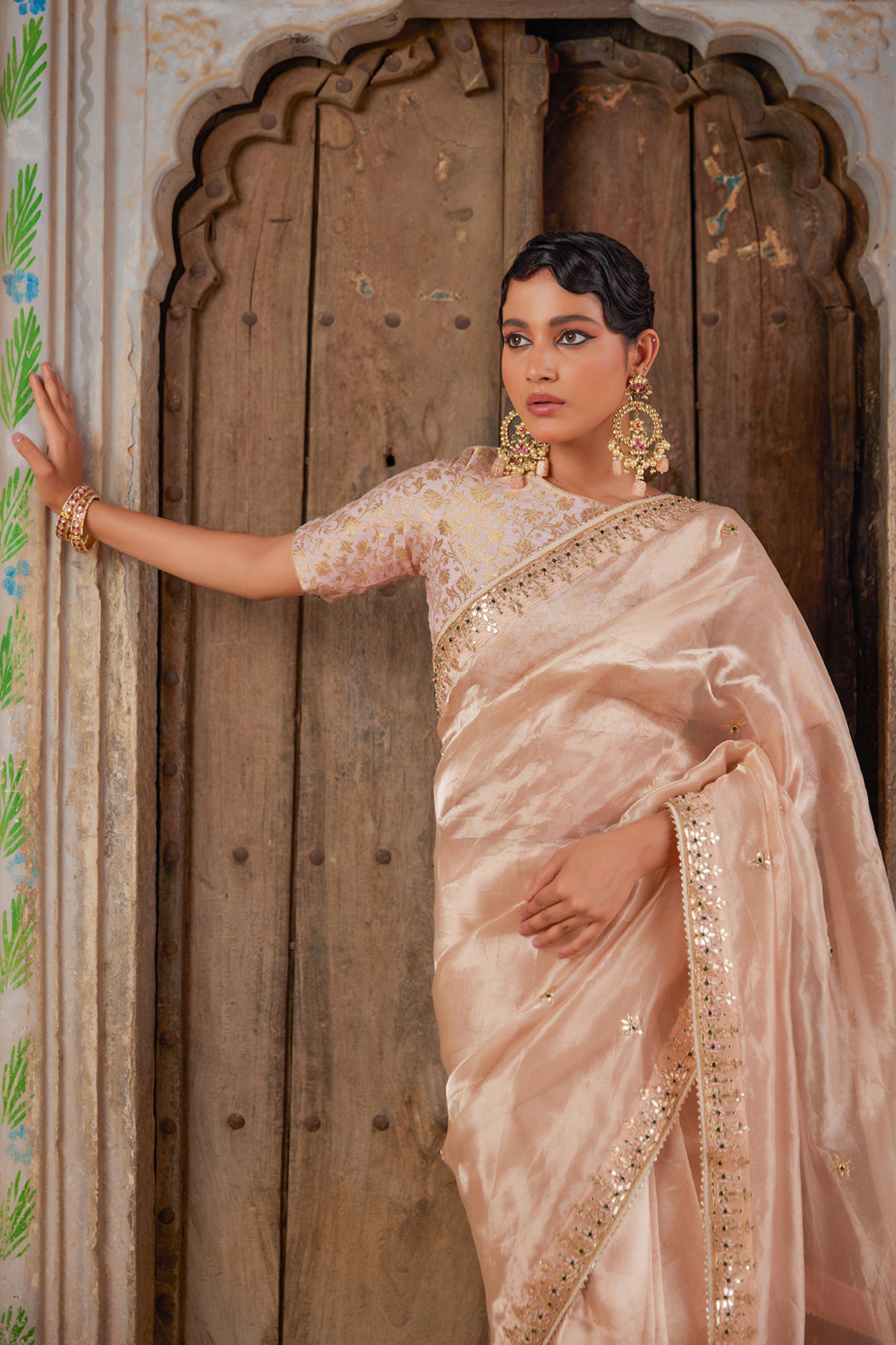 Elegant Gold Tissue Saree With  Handcrafted Gota Patti