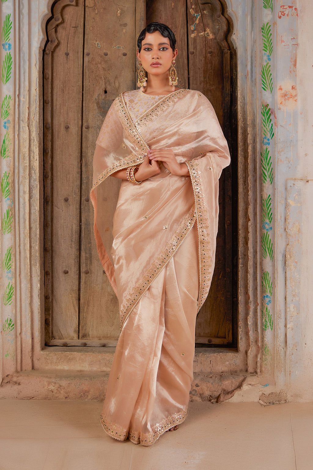 Elegant Gold Tissue Saree With  Handcrafted Gota Patti