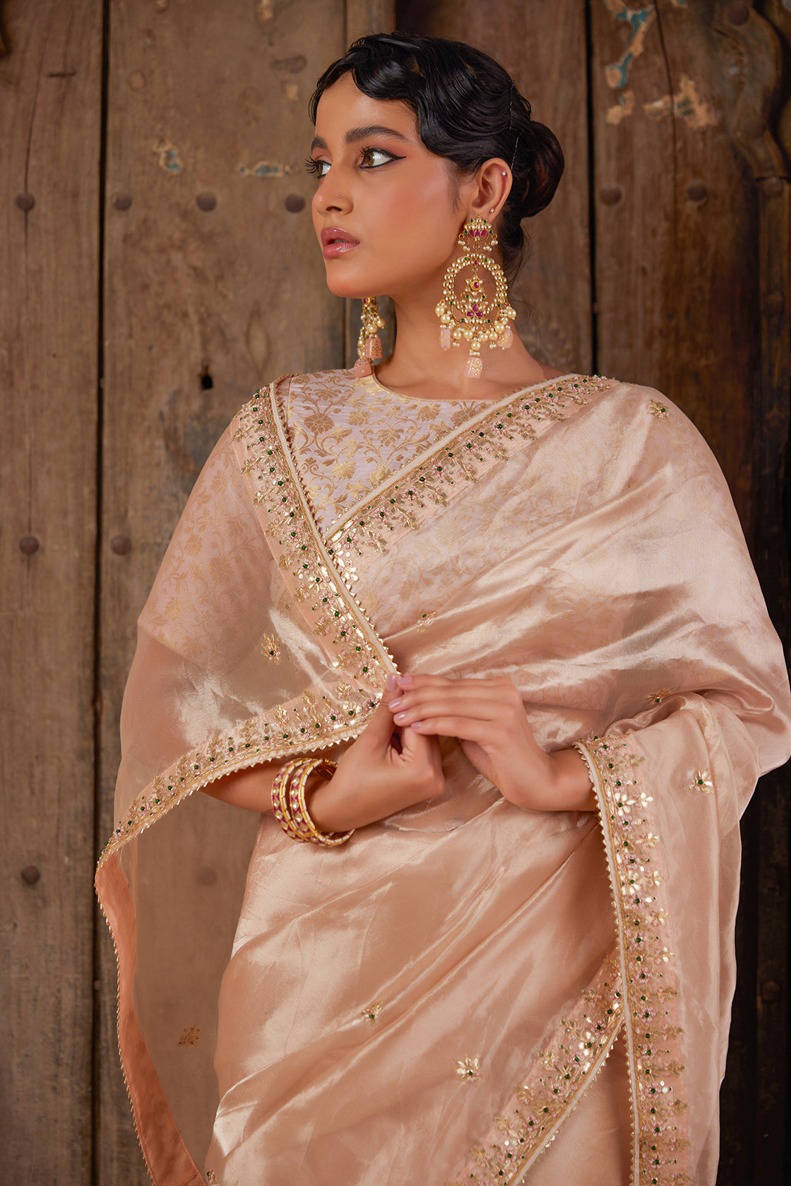 Elegant Gold Tissue Saree With  Handcrafted Gota Patti