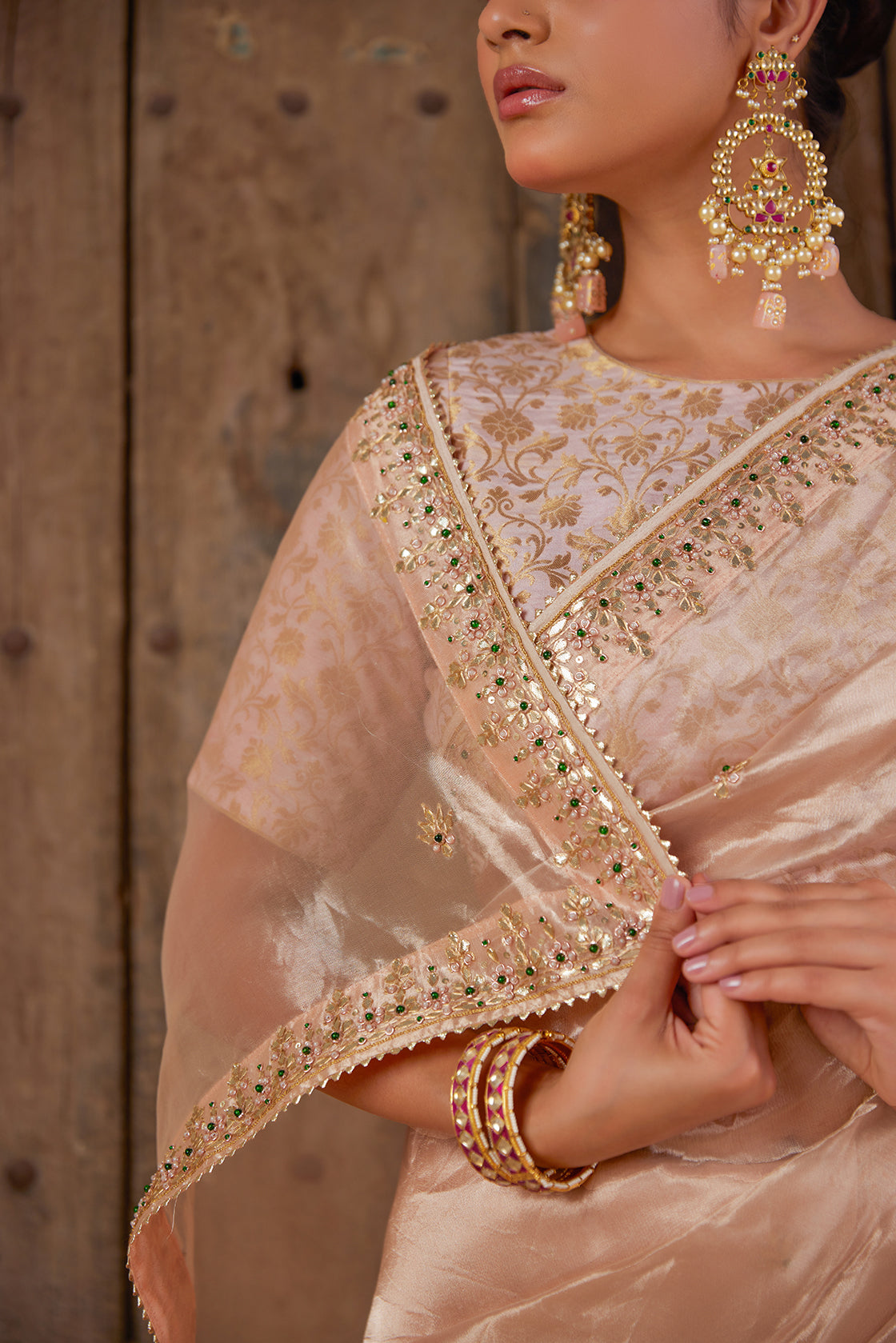 Elegant Gold Tissue Saree With  Handcrafted Gota Patti