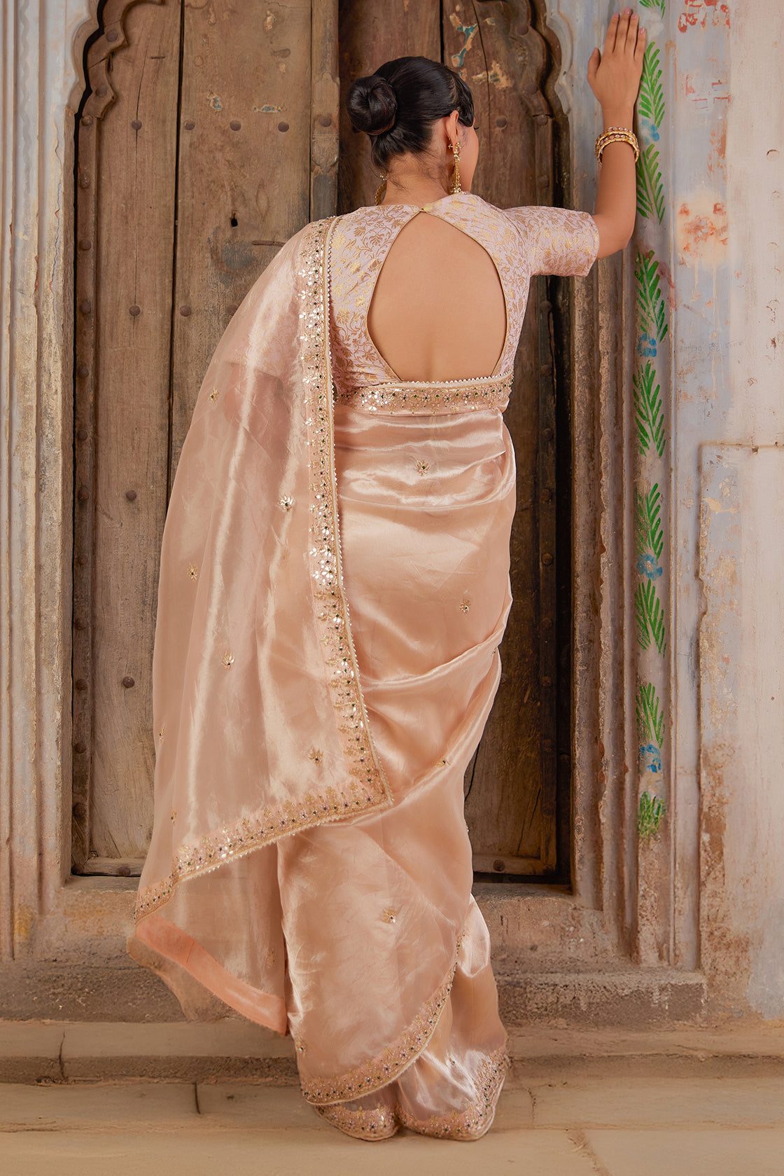 Elegant Gold Tissue Saree With  Handcrafted Gota Patti