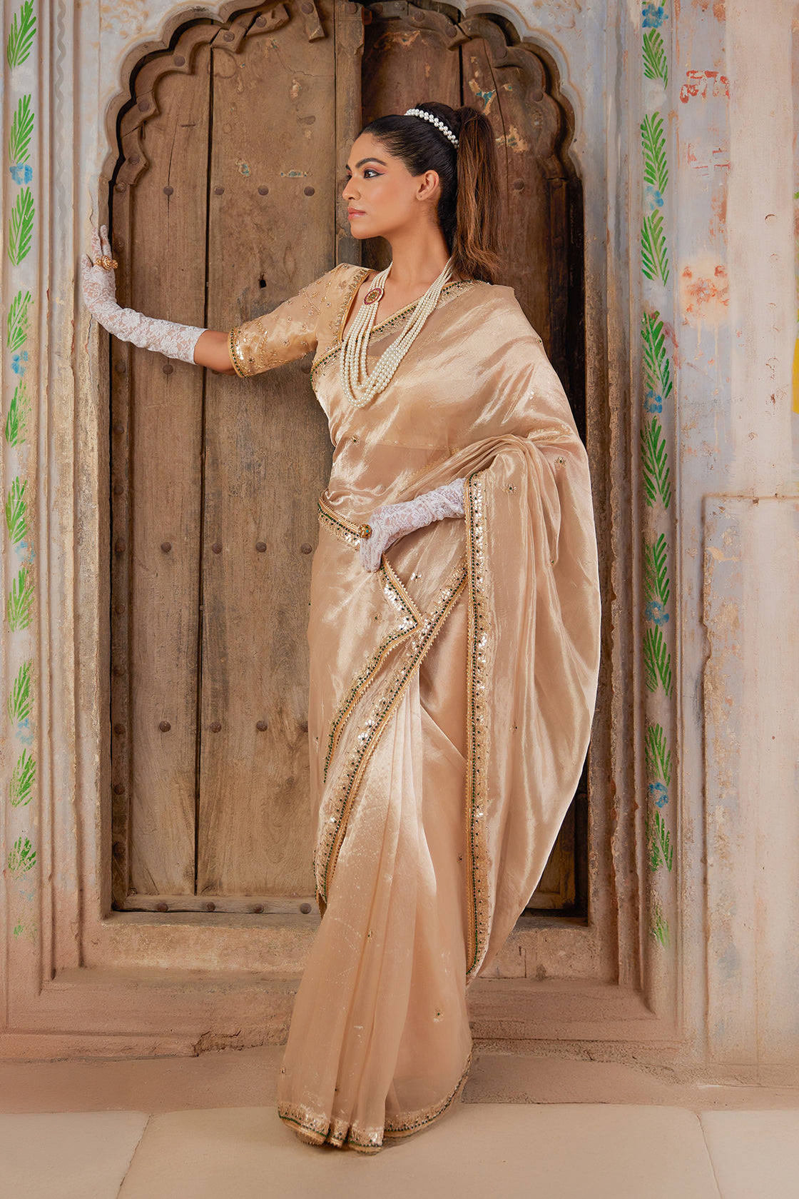 Gold Pure Tissue Saree With Intricate Gota Patti Detailing
