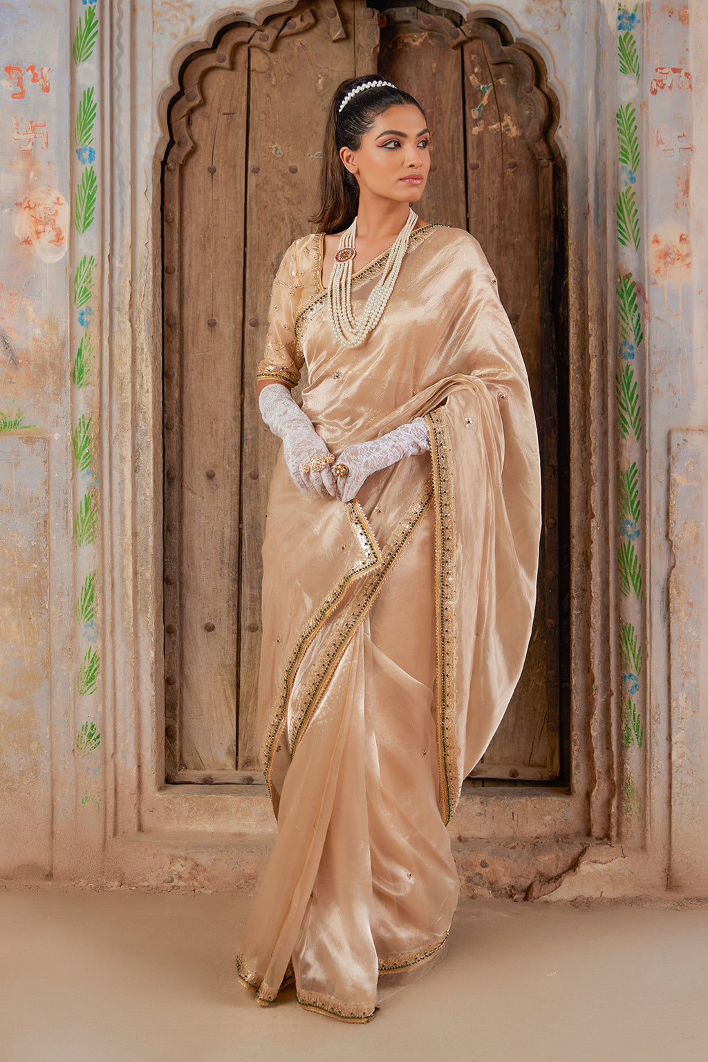 Gold Pure Tissue Saree With Intricate Gota Patti Detailing