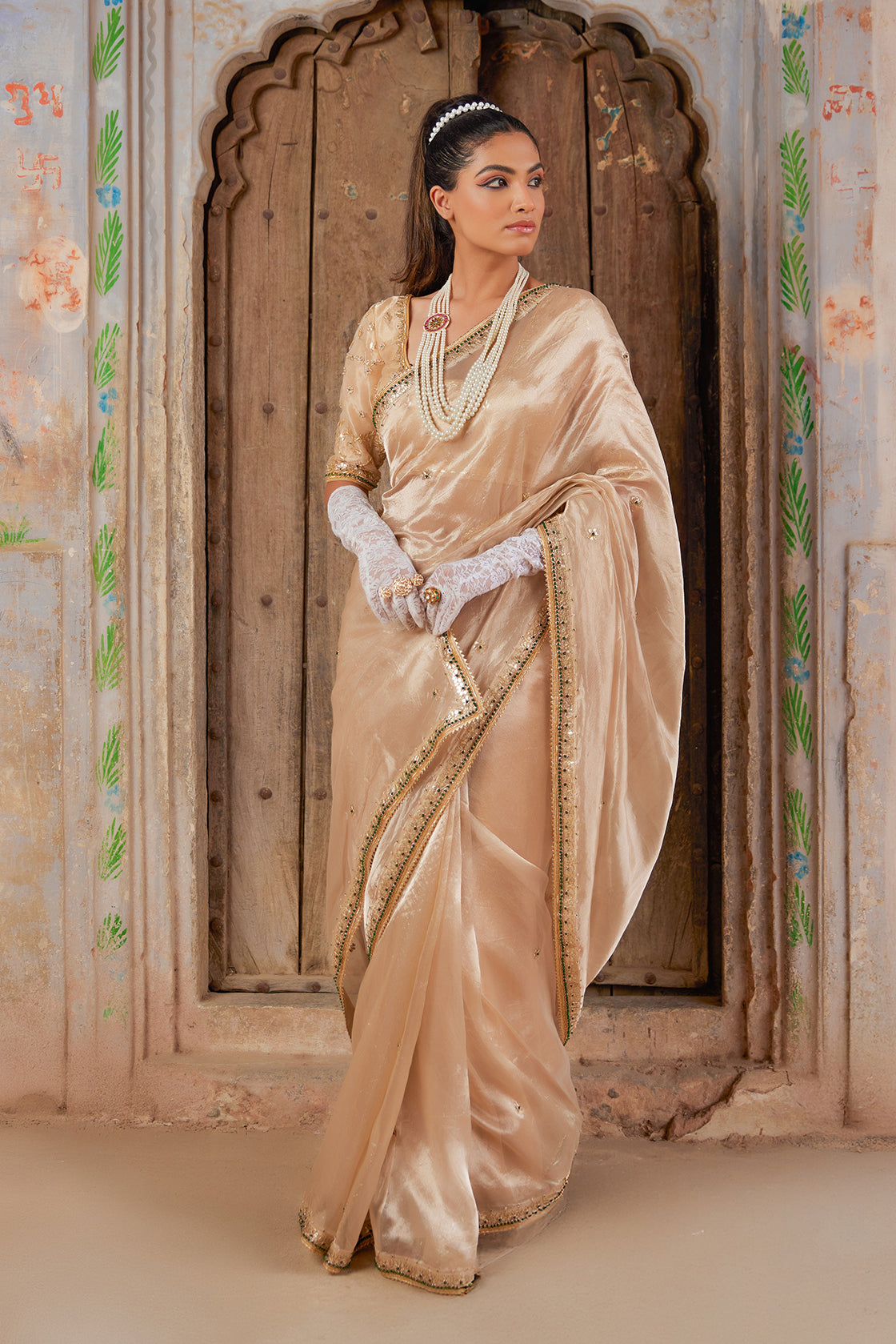 Gold Pure Tissue Saree With Intricate Gota Patti Detailing