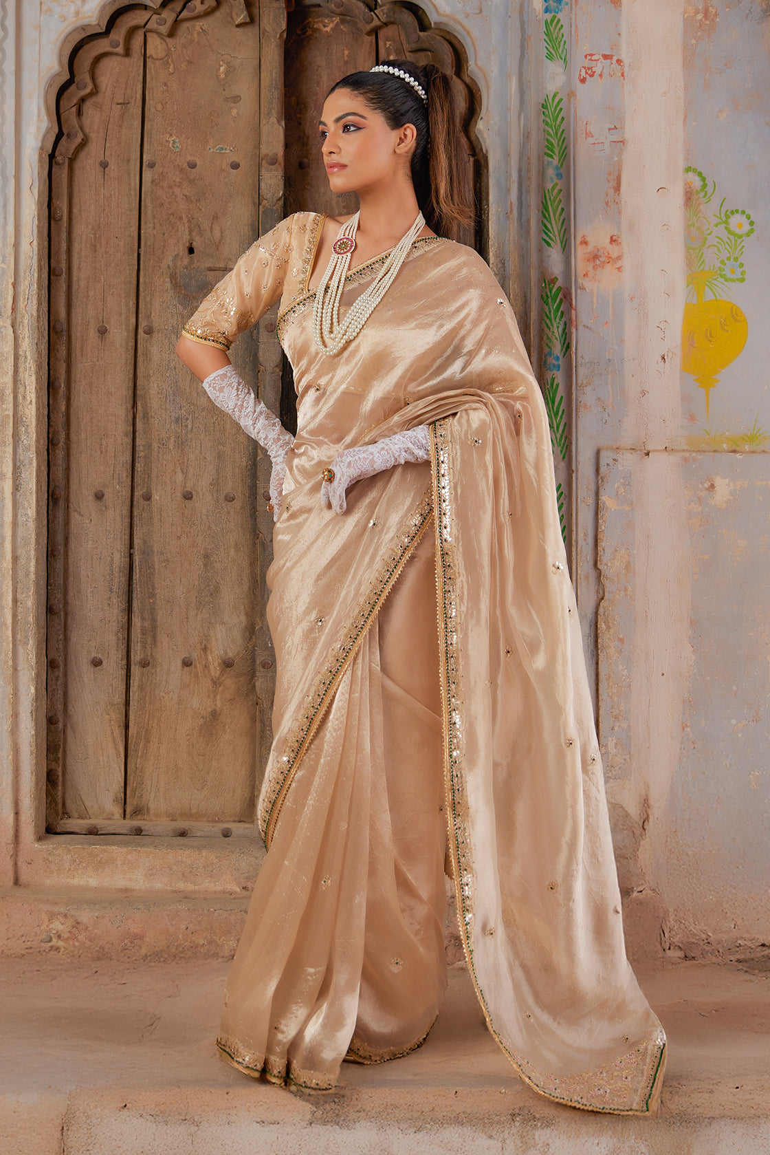 Gold Pure Tissue Saree With Intricate Gota Patti Detailing