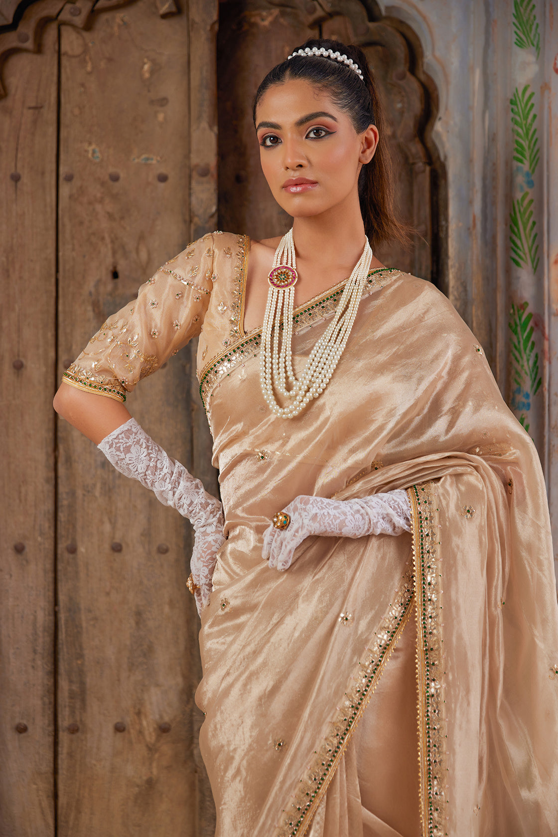 Gold Pure Tissue Saree With Intricate Gota Patti Detailing