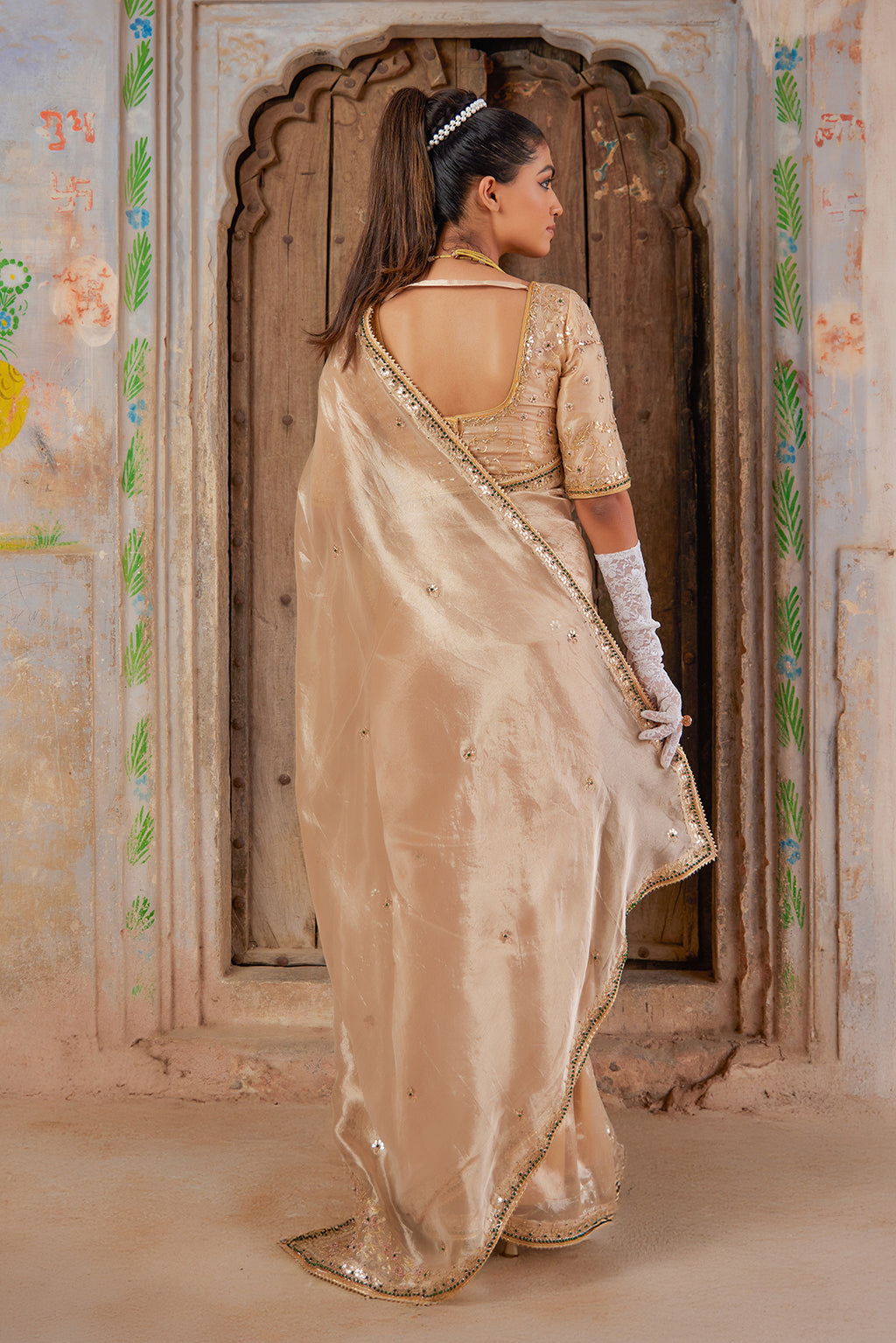 Gold Pure Tissue Saree With Intricate Gota Patti Detailing
