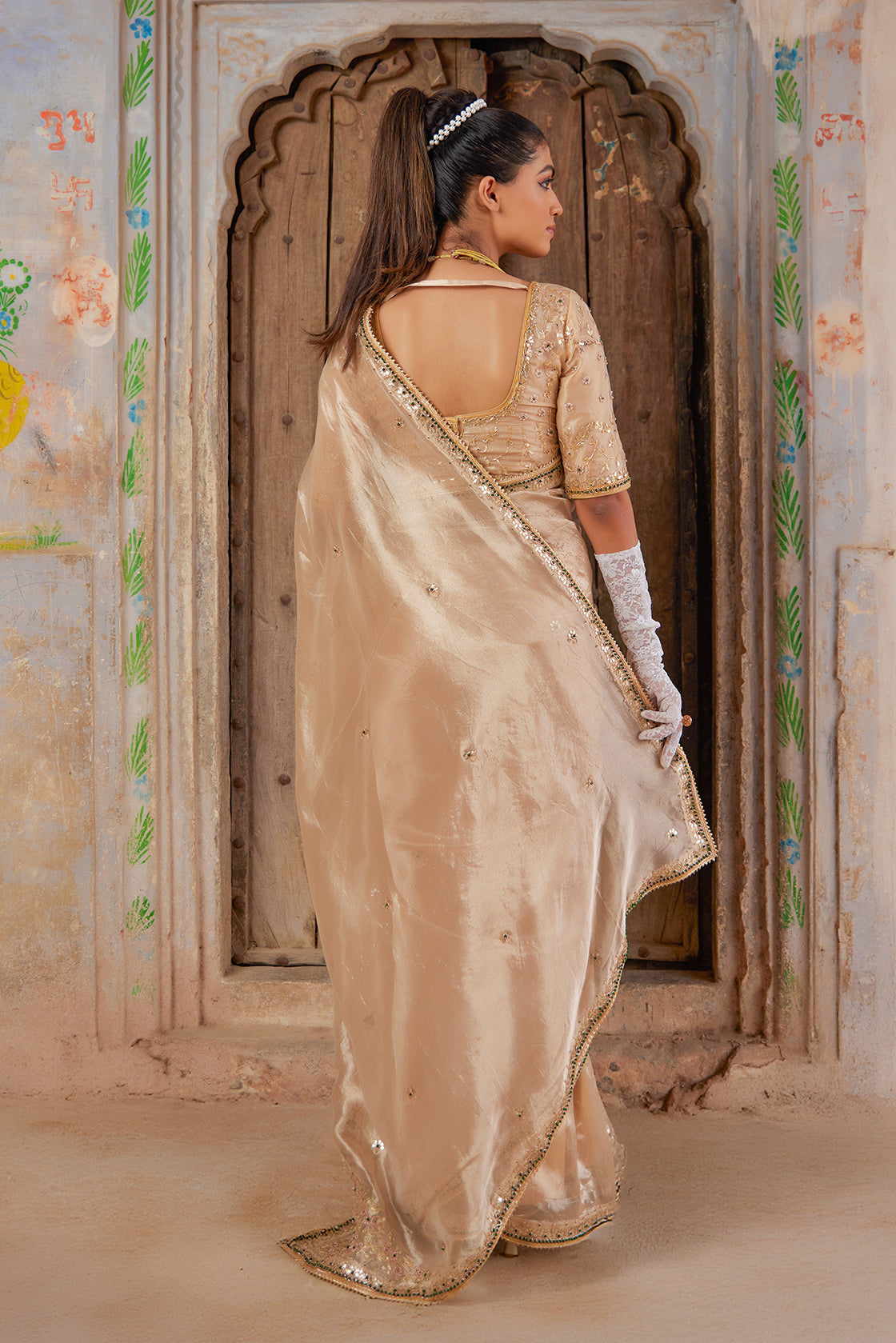 Gold Pure Tissue Saree With Intricate Gota Patti Detailing