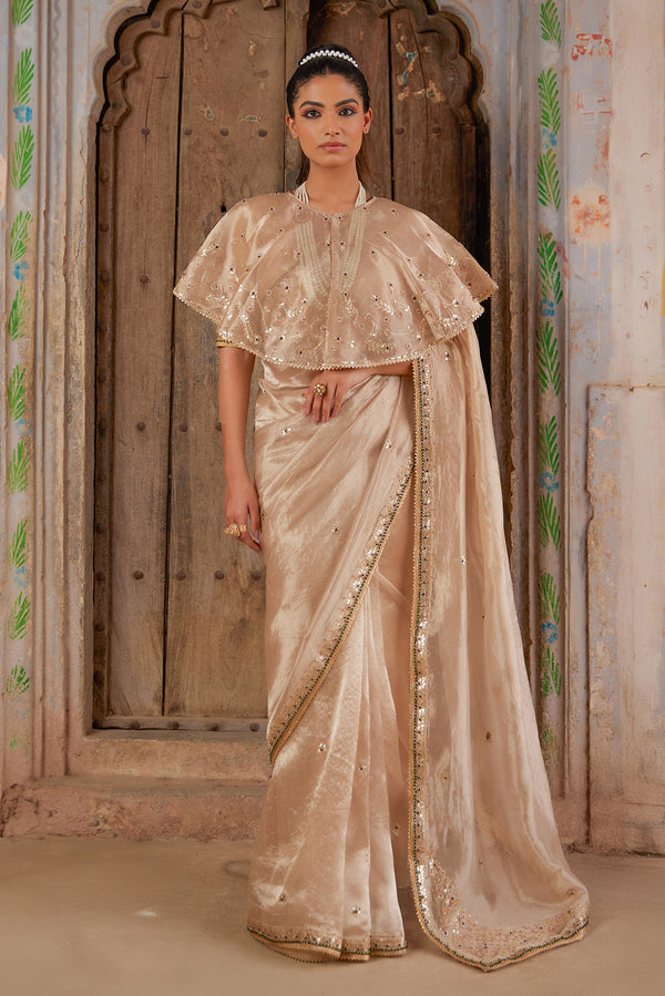 Gold Embellished Pure Tissue Saree with Designer Cape