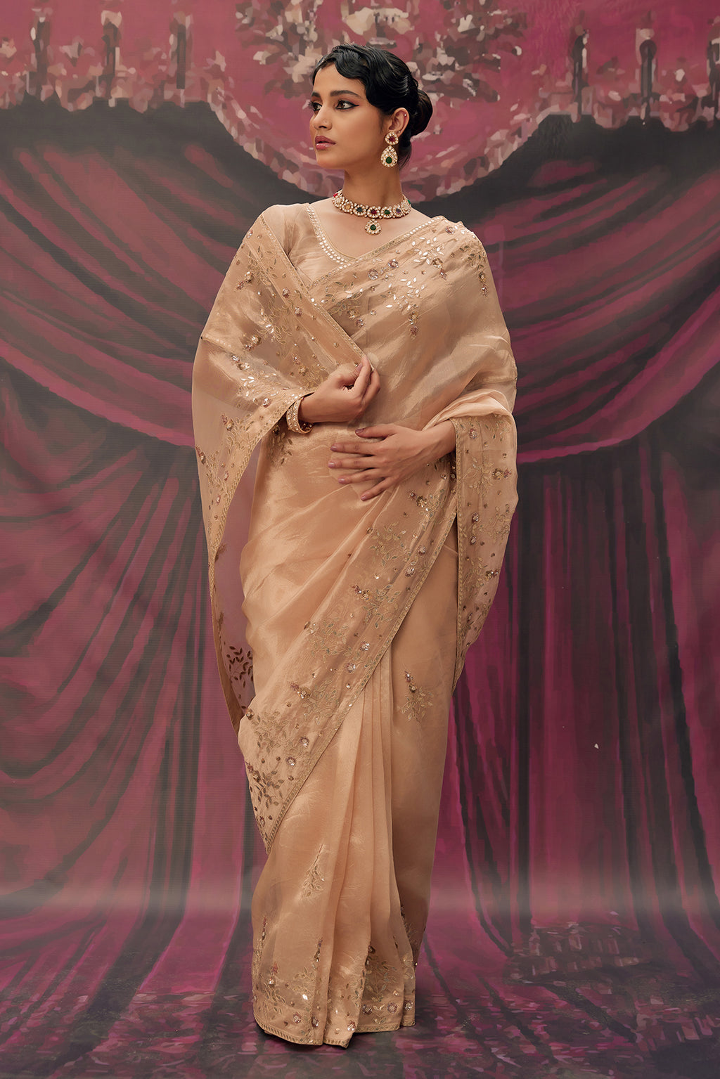 Antique Gold Tissue Saree With Intricate Gota Patti Embellishments