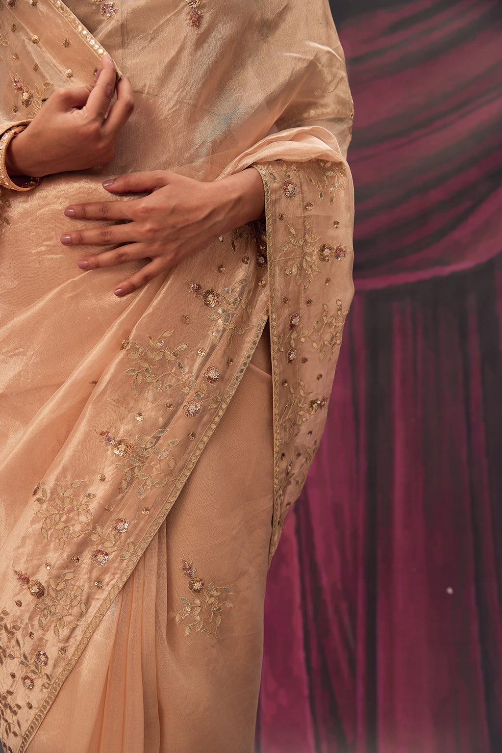 Antique Gold Tissue Saree With Intricate Gota Patti Embellishments