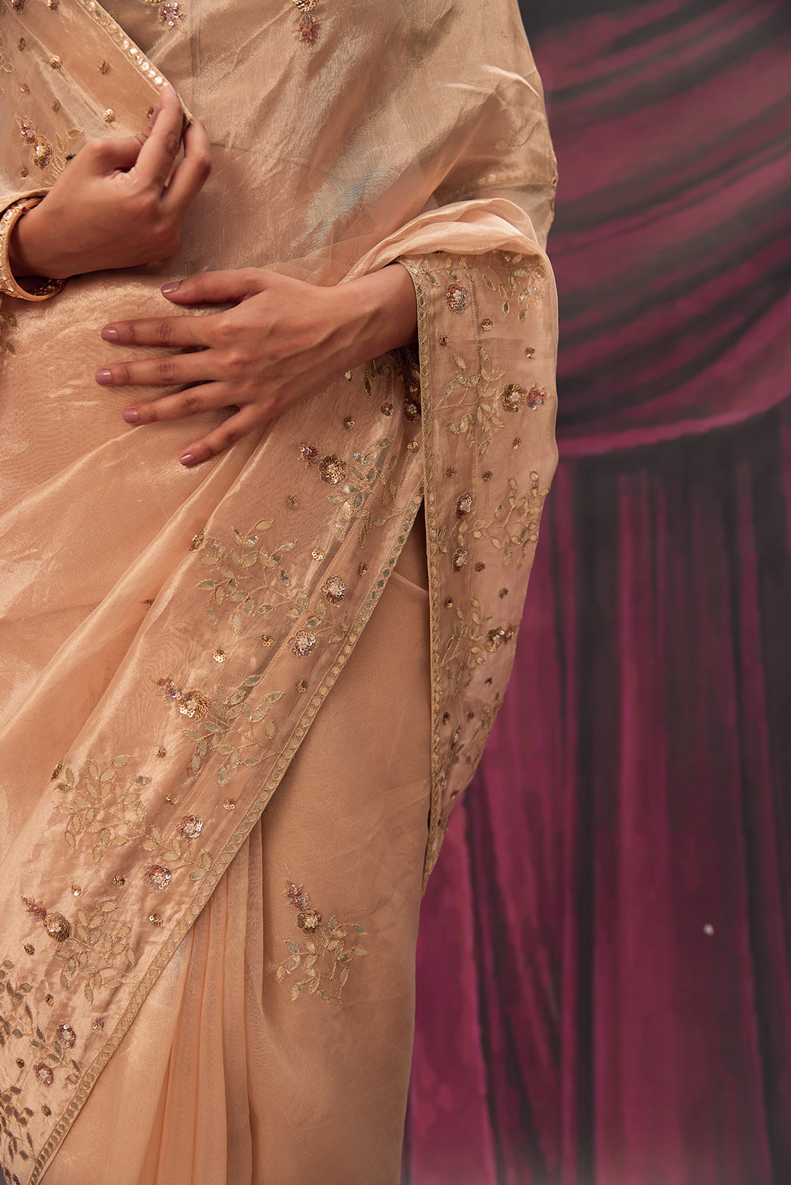 Antique Gold Tissue Saree With Intricate Gota Patti Embellishments