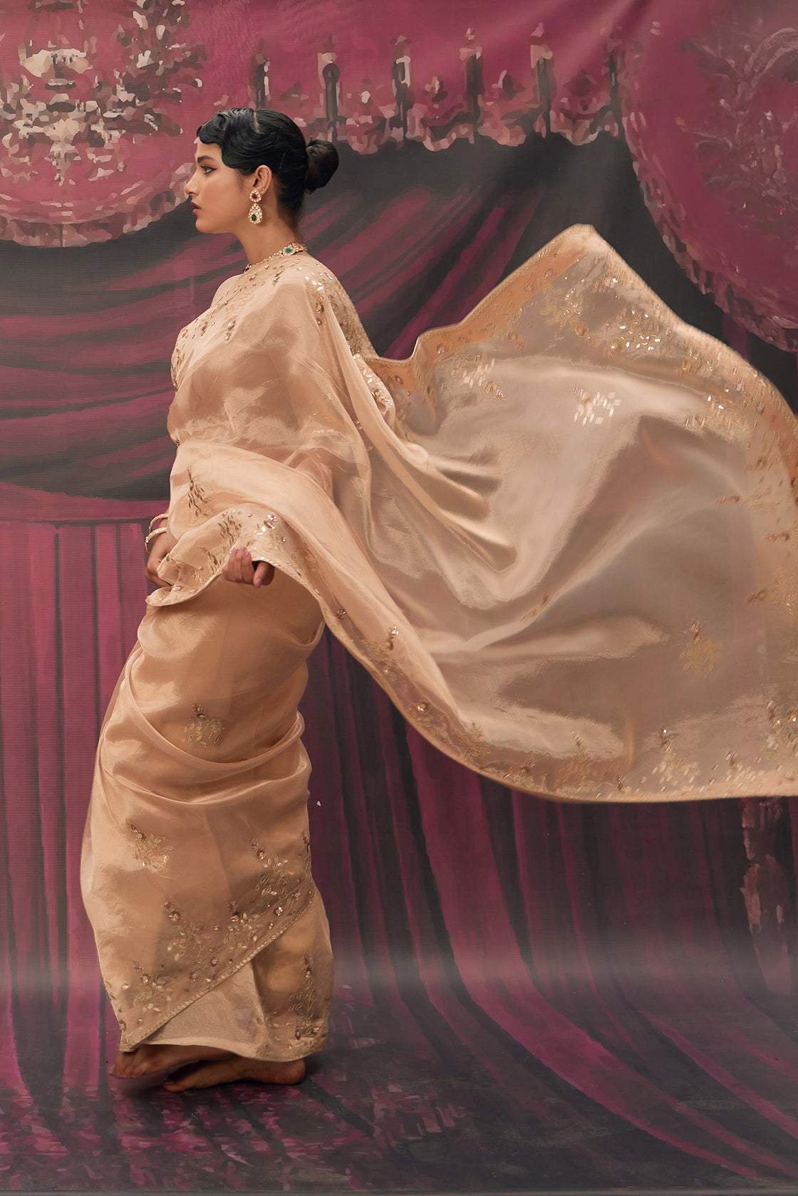 Antique Gold Tissue Saree With Intricate Gota Patti Embellishments